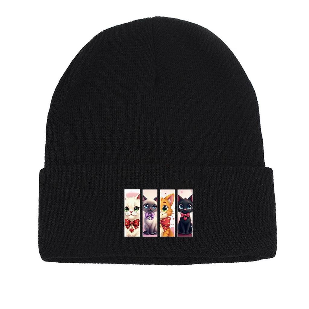 Зимняя вязаная шапка с изображением мультяшного кота, шапка с черепом животного, легкая манжета, модная вязаная шапка-капка