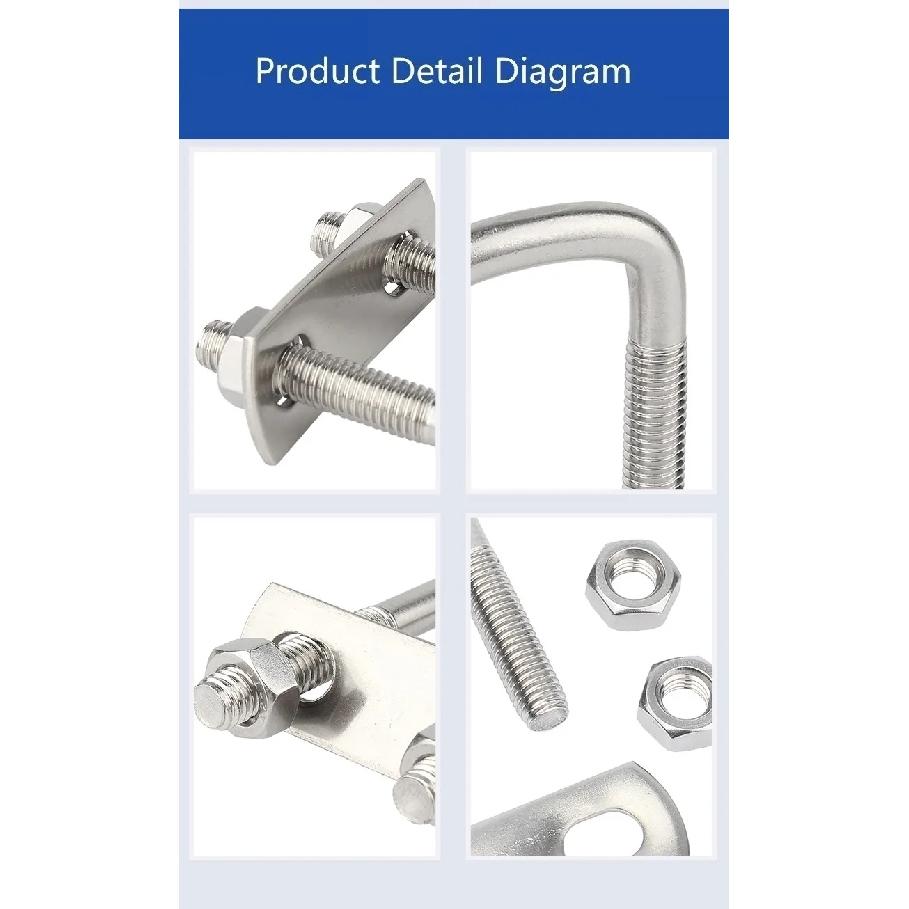 1/2sets M8 M10 M12 304 Stainless Steel Square Clamp Right Angle U Screw Nuts Plate Baffles U Bolt Set
