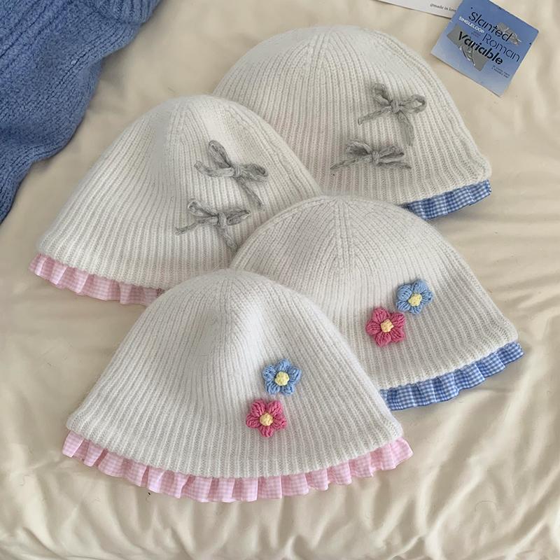 Милая плюшевая шляпа-ведро с цветком, женская осенне-зимняя теплая универсальная вязаная шапка с изображением лица, маленькая шерстяная шапка прилив