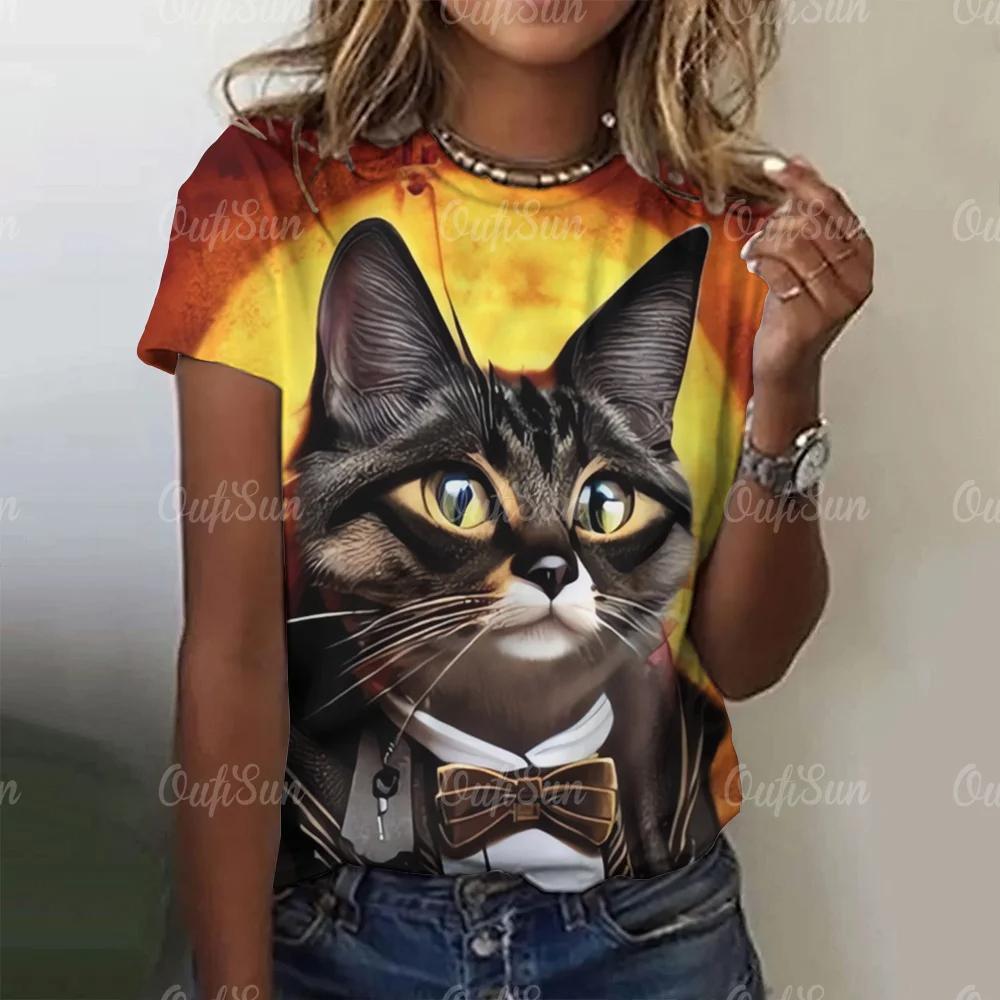 Летний топ с круглым вырезом и принтом 3D Cat, модные повседневные женские футболки с короткими рукавами