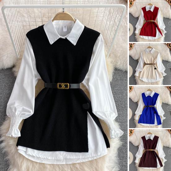 3Pcs/Set Women Shirt Vest Set Lapel Lantern Long Sleeve Single Breasted Shirt O-neck Side Slit Knitting Vest Set with Belt