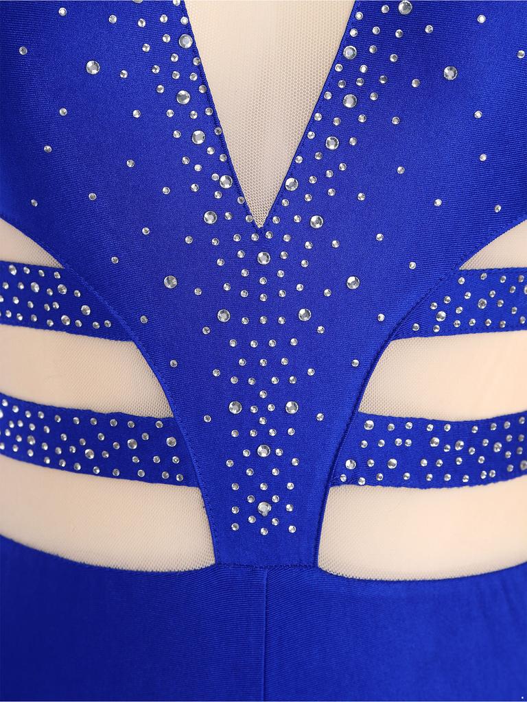 Womens Dance Jumpsuit Sheer Mesh Inserts Long Sleeve Style Keyhole Back Detail Sparkling Rhinestones Bodysuit