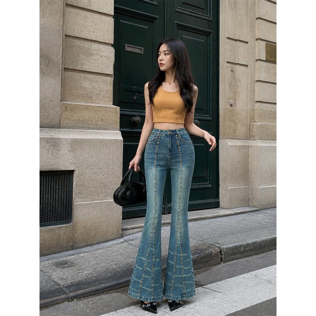 American retro high-waisted micro-pull jeans women's summer new thin and high design sense niche splicing wide-leg pants