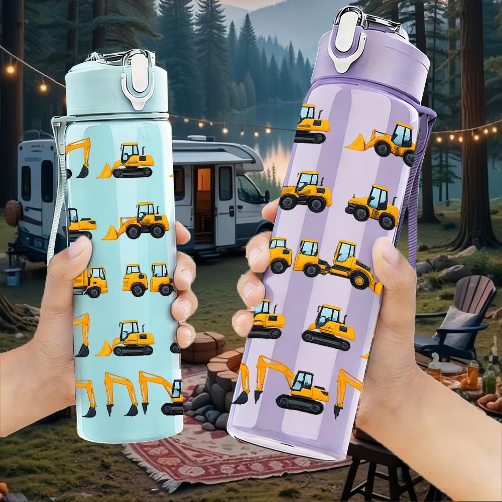 1PC Vintage Truck Transport Doodle Print 750ml Color Plastic Sports Water Bottle Leakproof Flip Straw Lid Suitable for Sports Office Home Use