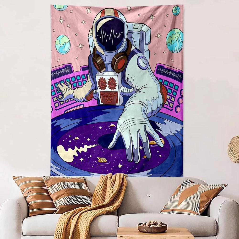 "Space DJ Astronaut Mixing Planets" Patterned tapestry home decor, suitable for bedroom and living room, gift