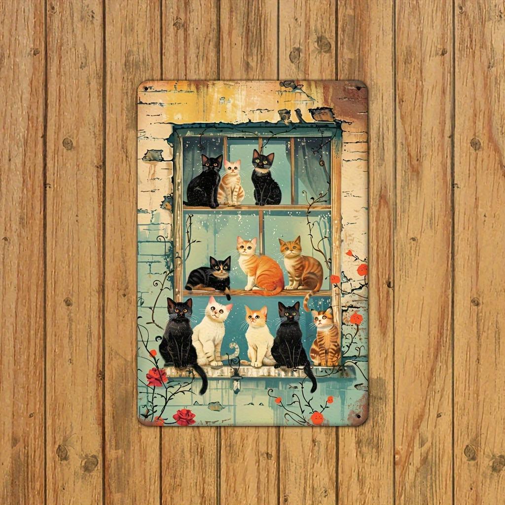 Whimsy Cat Vintage Iron Sign Rustic Fun Animal Wall Art Decor Colorful Cats in Quaint Window Scene for Home Cafe Bar G