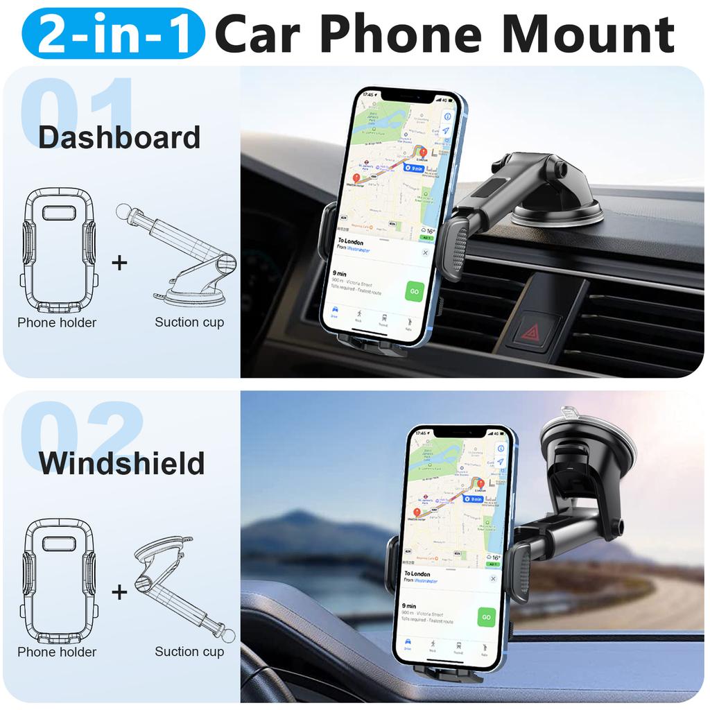 ML209 2 in 1 Car Phone Holder Mount Powerful Suction Phone Mount for Car Dashboard Windshield