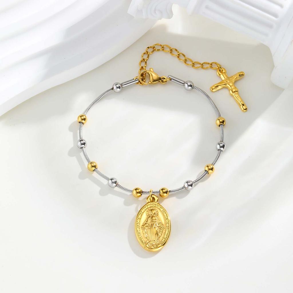 Rosary Bracelet Gold Plated Stainless Steel Religious Cross And Virgin Mary Prayer Bracelets Jewelrygifts For Women Girls