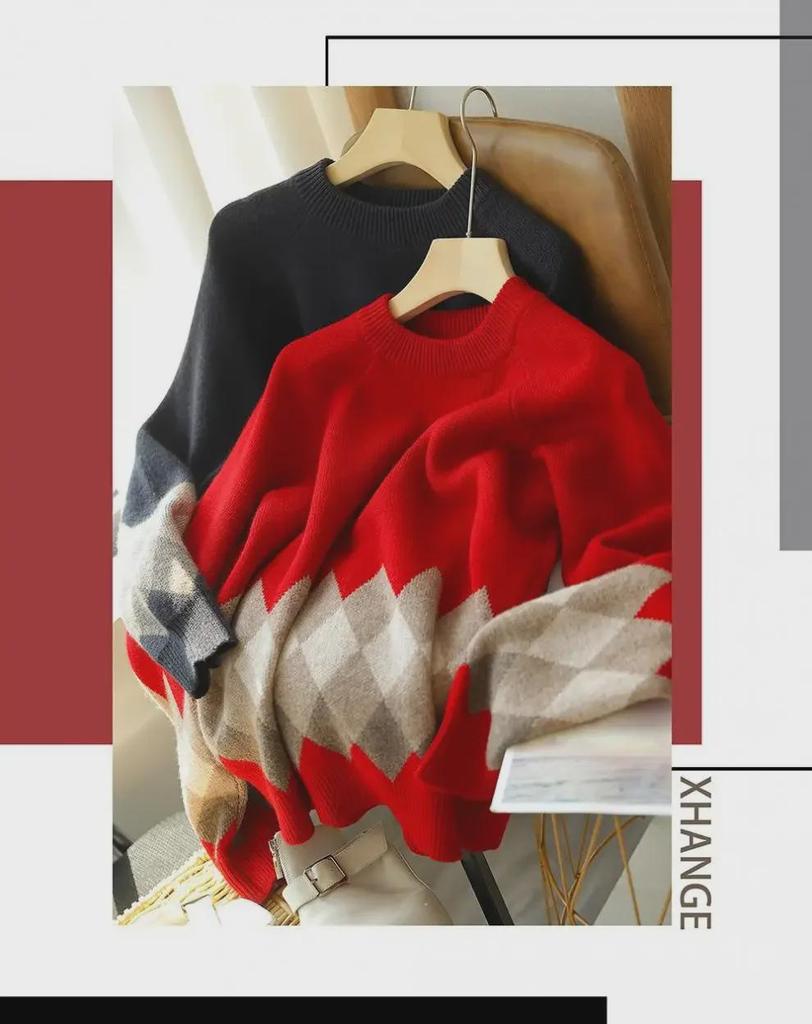 Женский свободный свитер-пуловер с красным ромбом, круглый вырез, тренд осени/зимы 2024 года