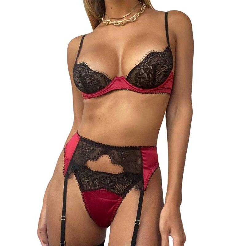 Сексуальный комплект нижнего белья, французское кружево, ультратонкий бюстгальтер пуш-ап 1/2 с подвязками и Т-образной спинкой, комплект из 3 предметов, женское прозрачное атласное нижнее белье