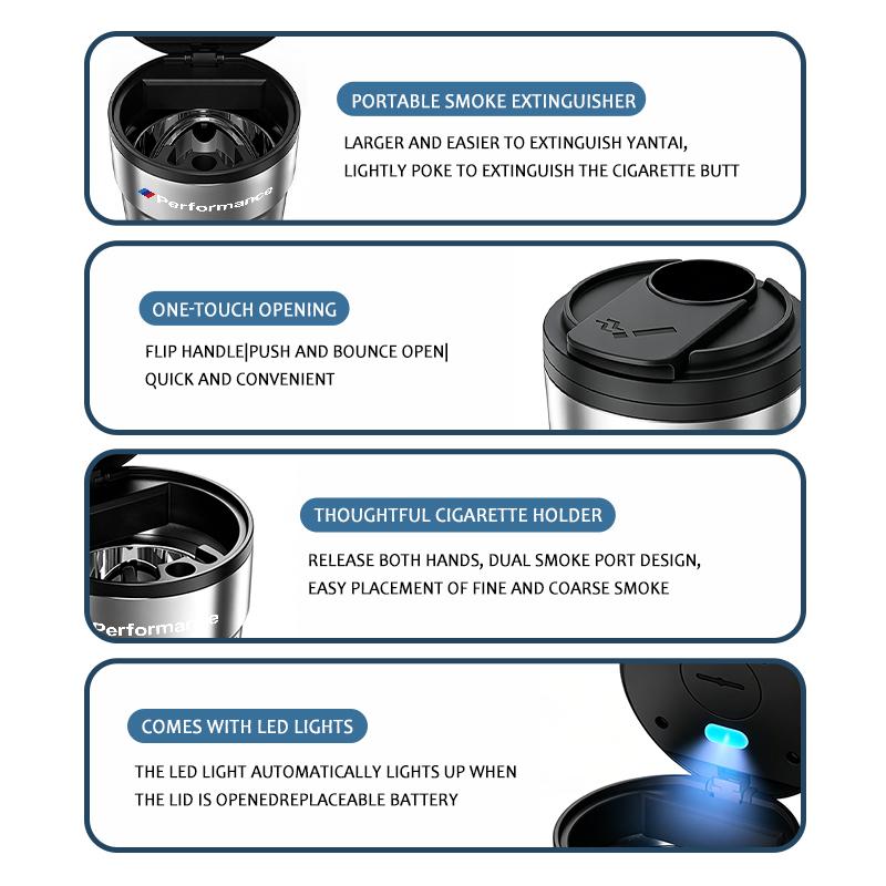 Car Coffee Cup Ashtray With Lid LED Light Garbage Storage Container For BMW Performance M M3 M5 iX5 iX6 E60 E61 E62 E70 E71 UNYDV1