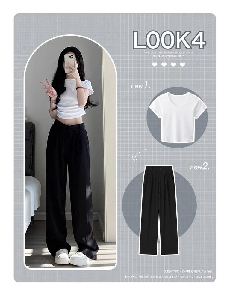 2024 Женские брюки-костюм с высокой посадкой, черные, широкие от бедра — Прилегающие, Повседневные, Высококачественная драпировка для Весны