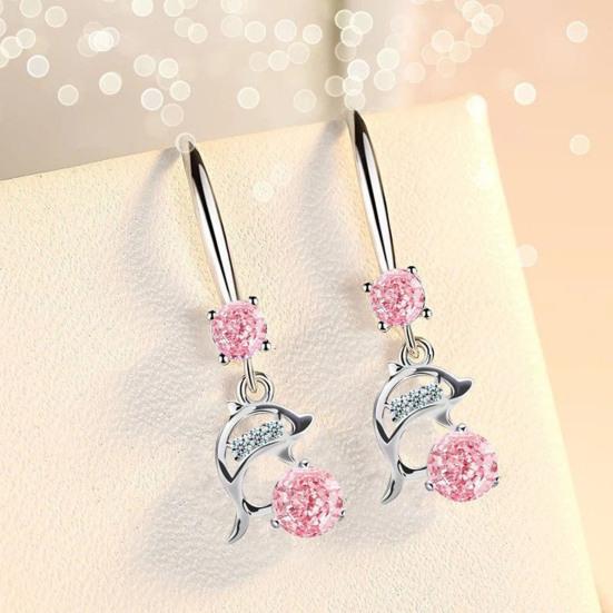 1 Pair Korean Style Hook Earrings Dolphin Design Shiny Rhinestones Drop Earrings Women Mid-length Earrings