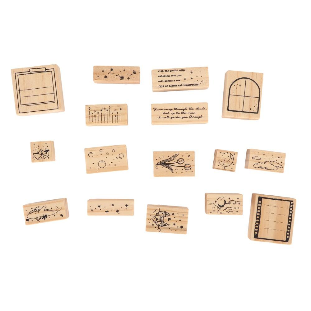 16pcs Delicate Carving Wooden Rubber Stamp Set Clear Imprint Rectangle Stamp Set  For DIY Crafts