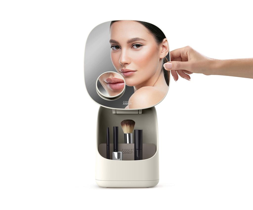 Joseph Joseph Viva Makeup Mirror with 3x Integrated Cosmetic Storage Adjustable Detachable Mini White Product 75001 Magnification, Case, 23x21cm,