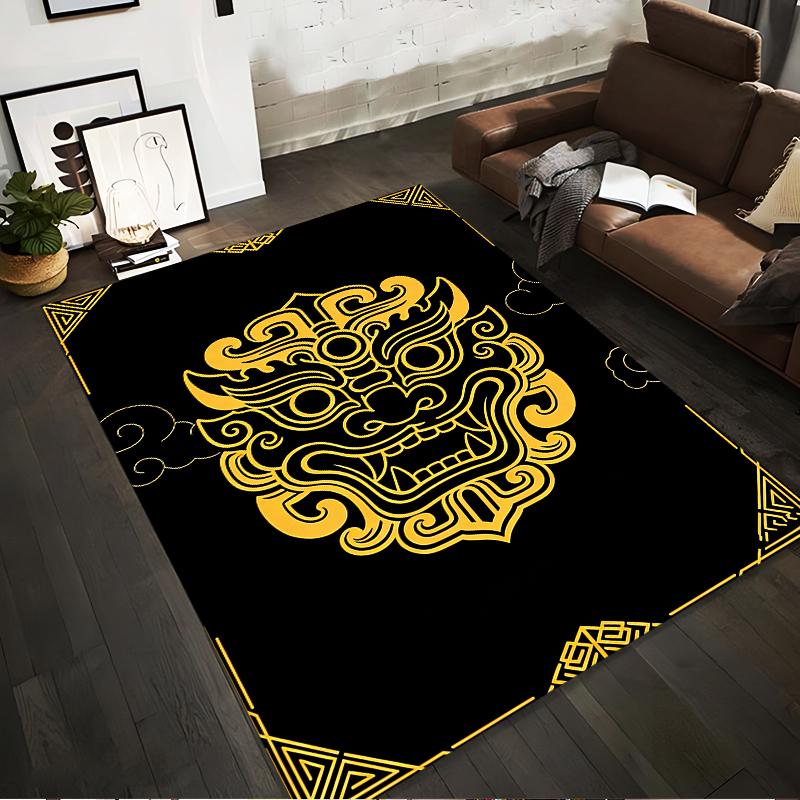 "Black Carpet with Golden Tribal Lion Head Design, Modern Home Decor" Suitable for use as an anti-slip for living room bedroom sofas