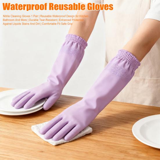 1 Pair Nitrile Cleaning Gloves Reusable Waterproof Tear-Resistant Kitchen Dishwashing Housekeeping Gloves