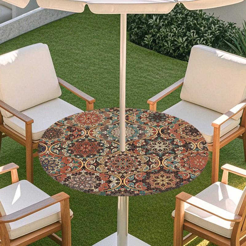 Outdoor Round Table Cover With Geometric Waterproof Elastic Edge Patio Garden Dining