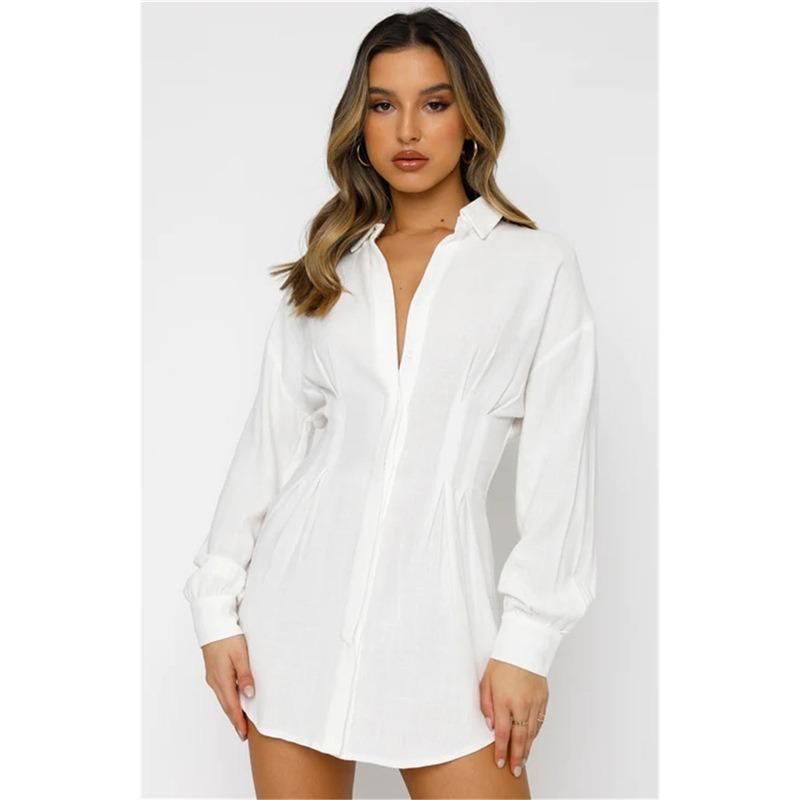 Women's New  Autumn and Winter  Solid Colour Shirt Collar Waist Sexy Dresses