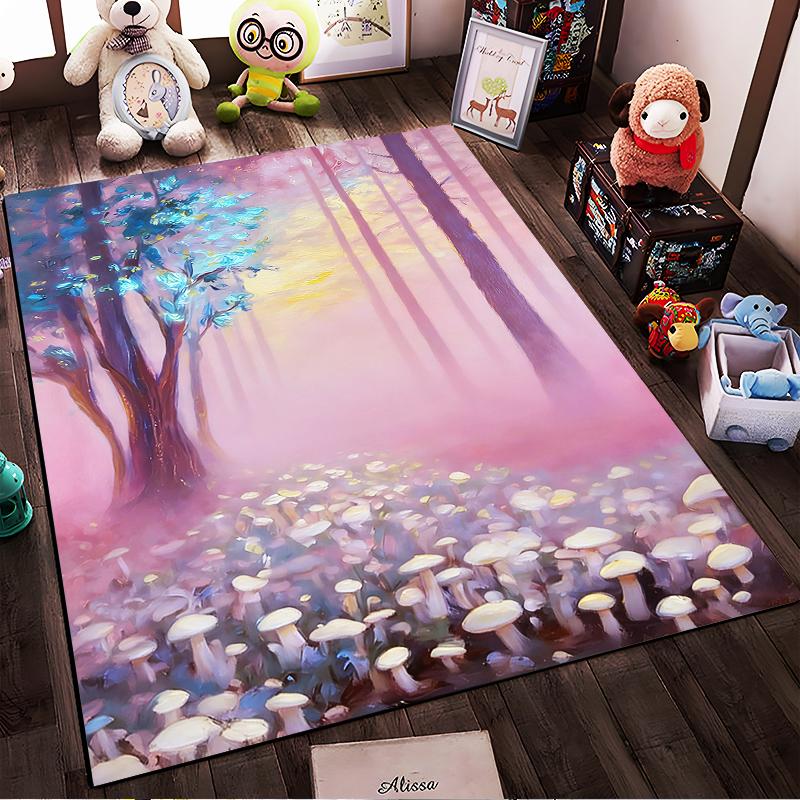 Dreamy Forest Landscape Carpet with Pink Sky and Mushroom Field Suitable for use as an anti-slip for living room bedroom sofas