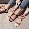 Fashion 2024 New Plaid Cloth Narrow Band Sandals Women Chunky Wood Heel Summer Shoes Ankle Strap Gladiator Sandalias Mujer Big Size 43