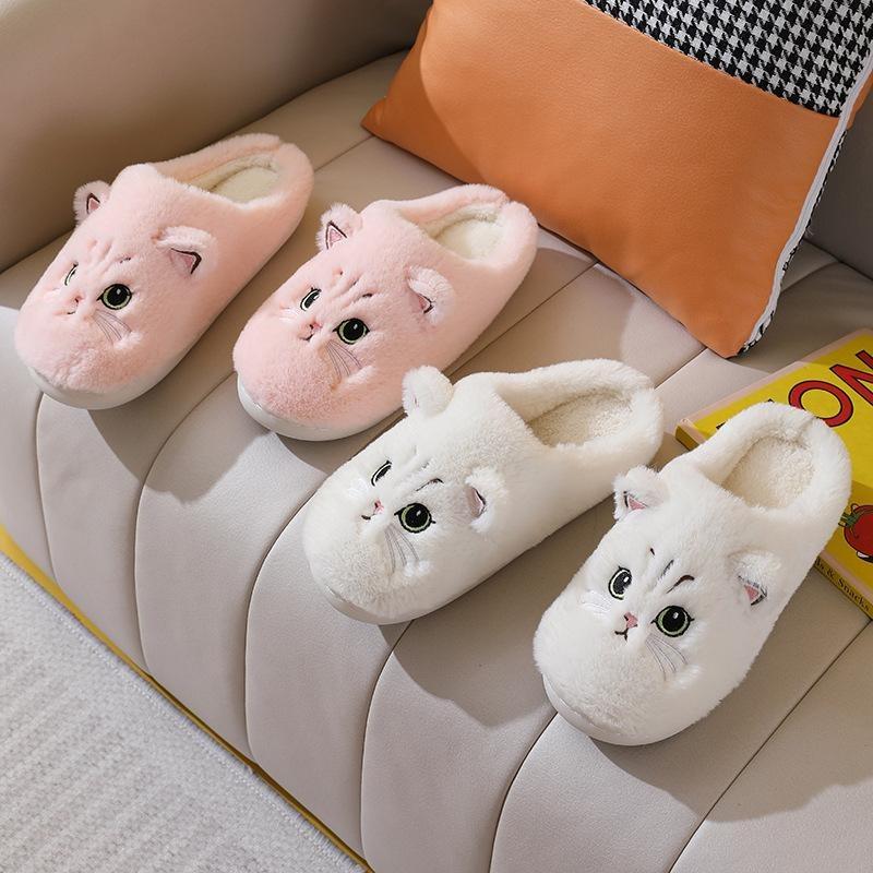 Cute Cat Slippers Fluffy Furry Women Home Platform Slippers Men Winter Plush Slides Indoor Fuzzy Slippers Lovely Cotton Shoes