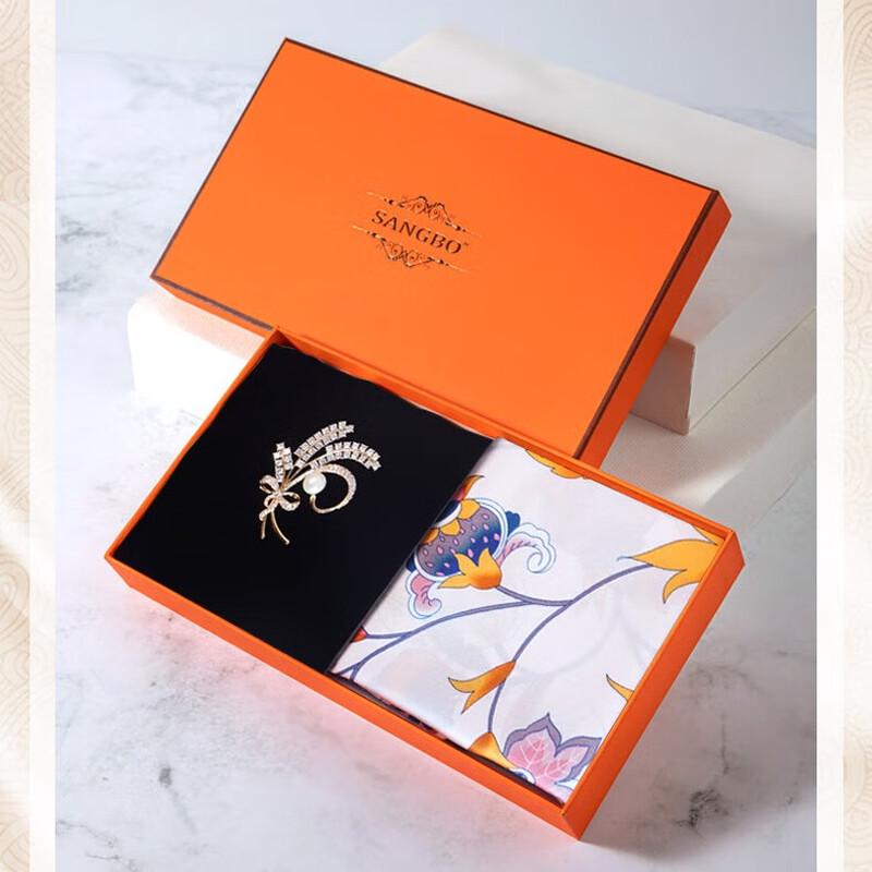 Sangbo Pink Floral Double-Sided Silk Scarf & Brooch Set