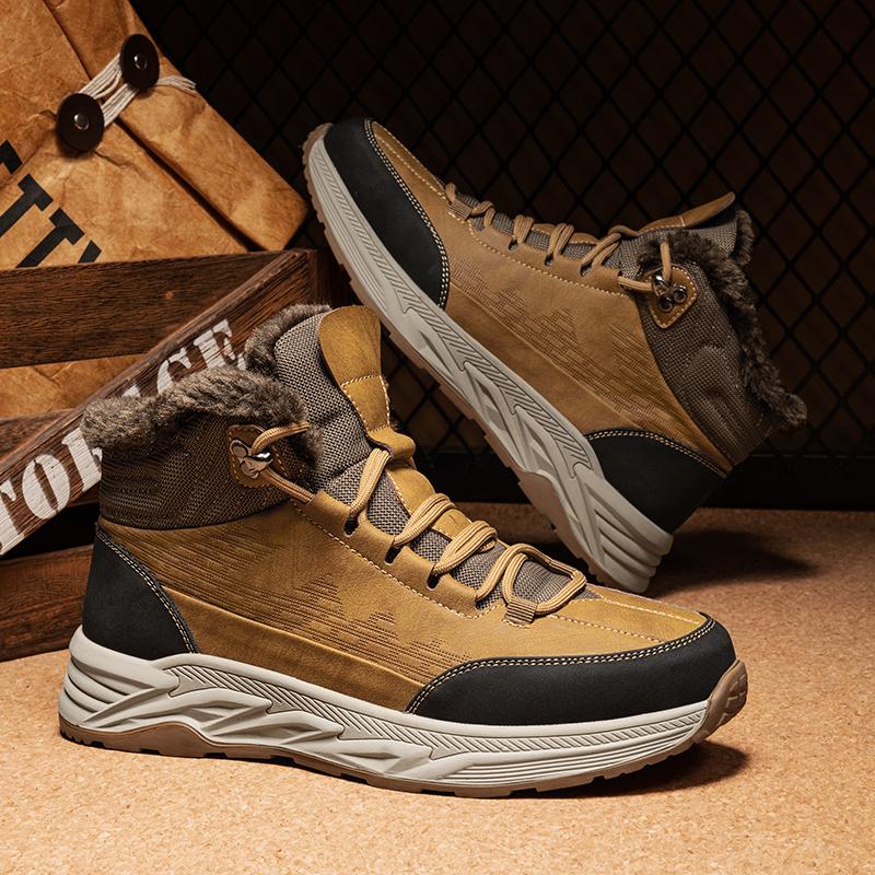 New Arrival Mens High Top Shoes Cowboy Leather Ankle Boots Non-Slip Outdoor Winter Hiking Botas Winter Plush Snow Boots Trainers