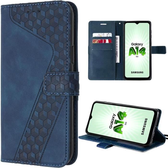 Coque de protection - BOOLING - pour Samsung Galaxy A14/A14 5G - Cuir PU - Bleu Marine - Motif Relief