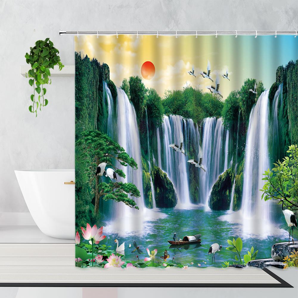 Zen Bamboo Forest Shower Curtain Summer Forest Jungle Waterfall Rock Nature Scenery Bath Curtains Set Green Landscape Bathroom