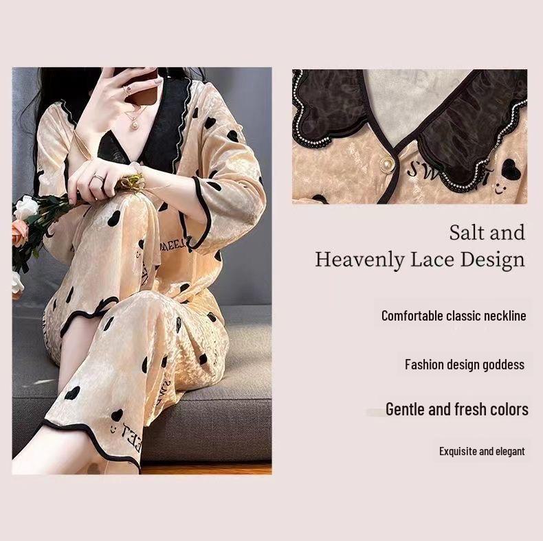 Женский пижамный комплект из золотого велюра с нагрудными вкладышами - Высококачественный кардиган с длинным рукавом, костюм-двойка для осени/зимы 2024.