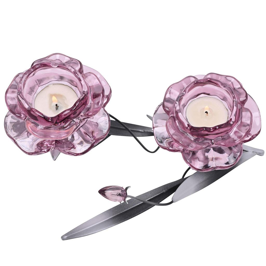 Hestia Pink Glass Rose 2 Stem Candle Holder With 2 Tone Black And Silver Base