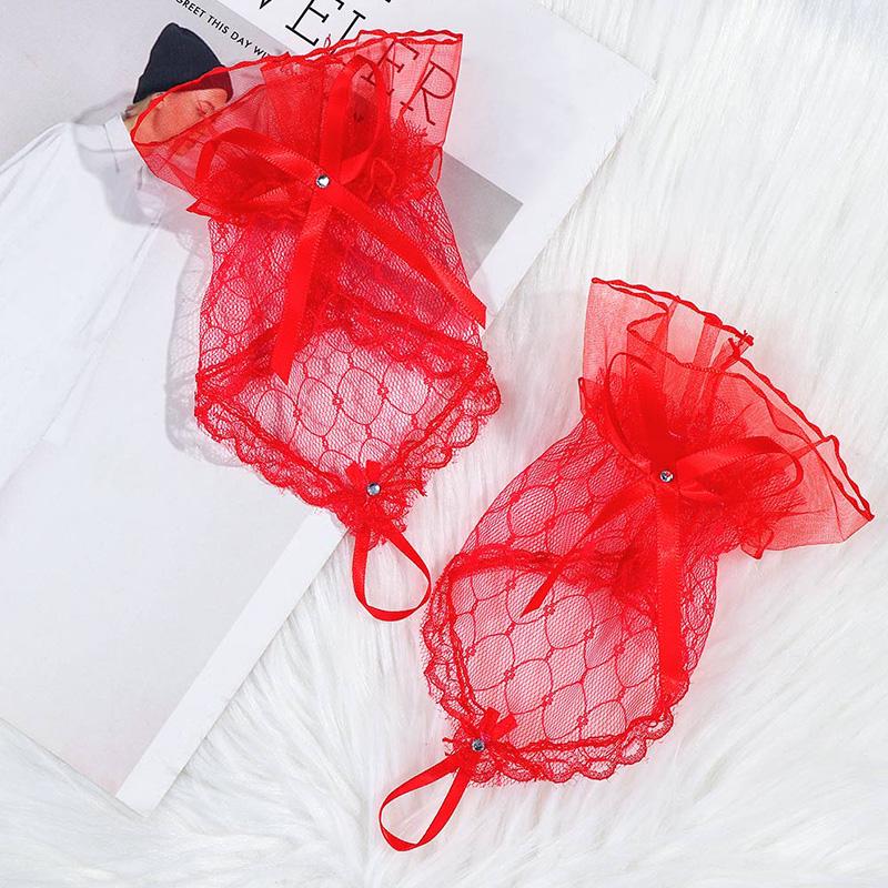 Женские короткие перчатки для вечерней вечеринки с бантом и лентой, однотонные, дизайн полуладони, модные аксессуары, кружевная сетка, для маскарада, 1 пара