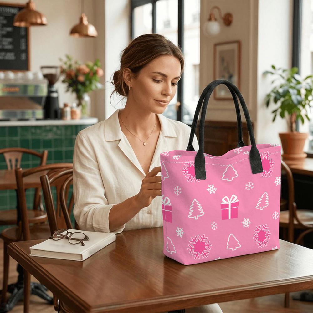 Pink Tote Bag Women Canvas Shopping Handbag with White Christmas Tree Gift Print Black Handles