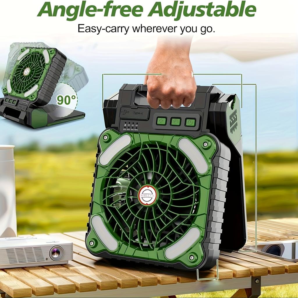 Кемпинговый вентилятор на солнечной энергии со светодиодным фонарем, 4-скоростной мощный портативный вентилятор с перезаряжаемой батареей, настольный вентилятор с таймером Power Bank