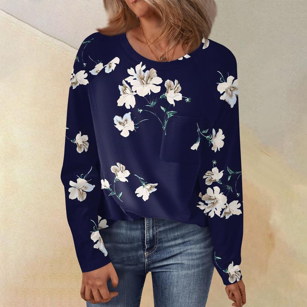 Женский свободный топ с круглым вырезом, цветочным принтом и длинными рукавами