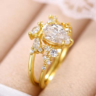Huitan Pear Cubic Zirconia 2Pcs Set Rings for Women Gold Color Esthetic Wedding Rings Party Temperament Female Jewelry