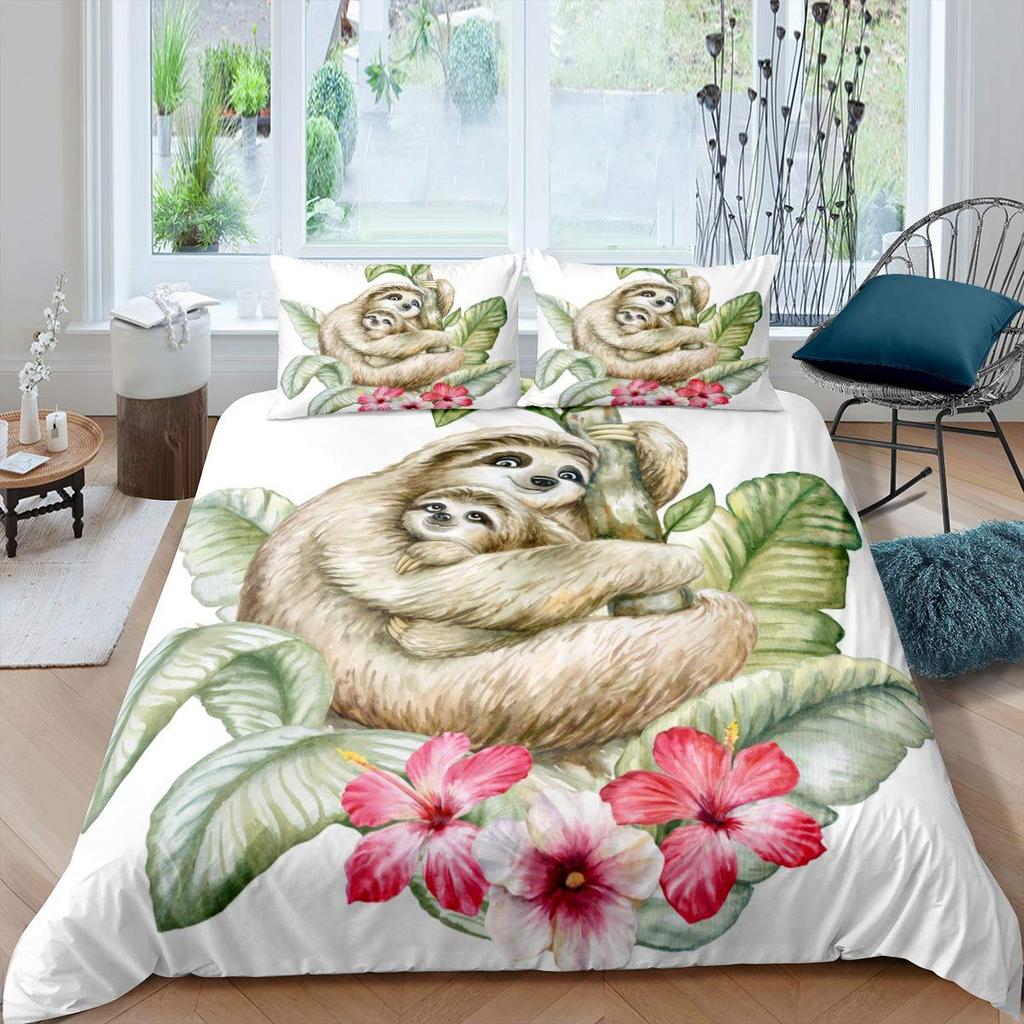 Cute Sloth Duvet Cover Set Cartoon Sloth Bedding Set for Kids Boys Girls Botanical Floral Pink Queen King Comforter Cover Sets