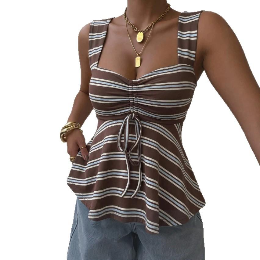New striped drawstring sling vest, European and American Xiyin best-selling women's top