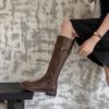 Autumn and Winter Women's Leather High Boots Cowhide Medium Heel Large Size Women's Boots New Round Head Versatile Comfortable Martin Boots Women