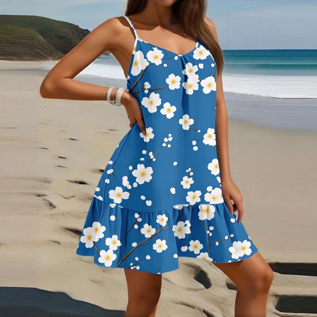 Женское модное повседневное платье без рукавов с круглым вырезом и цветочным принтом для пляжа