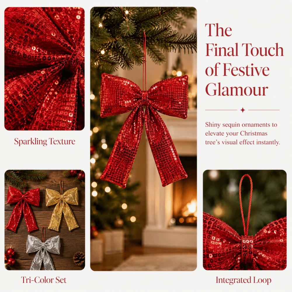 Sequin Decor Tree Ornament Shiny Surface Bow Pendant Easy Hang Christmas Bow Festive Display