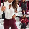 2024 Women's V-neck Roll-up Long-sleeve Solid Color Shirt for Spring and Autumn.