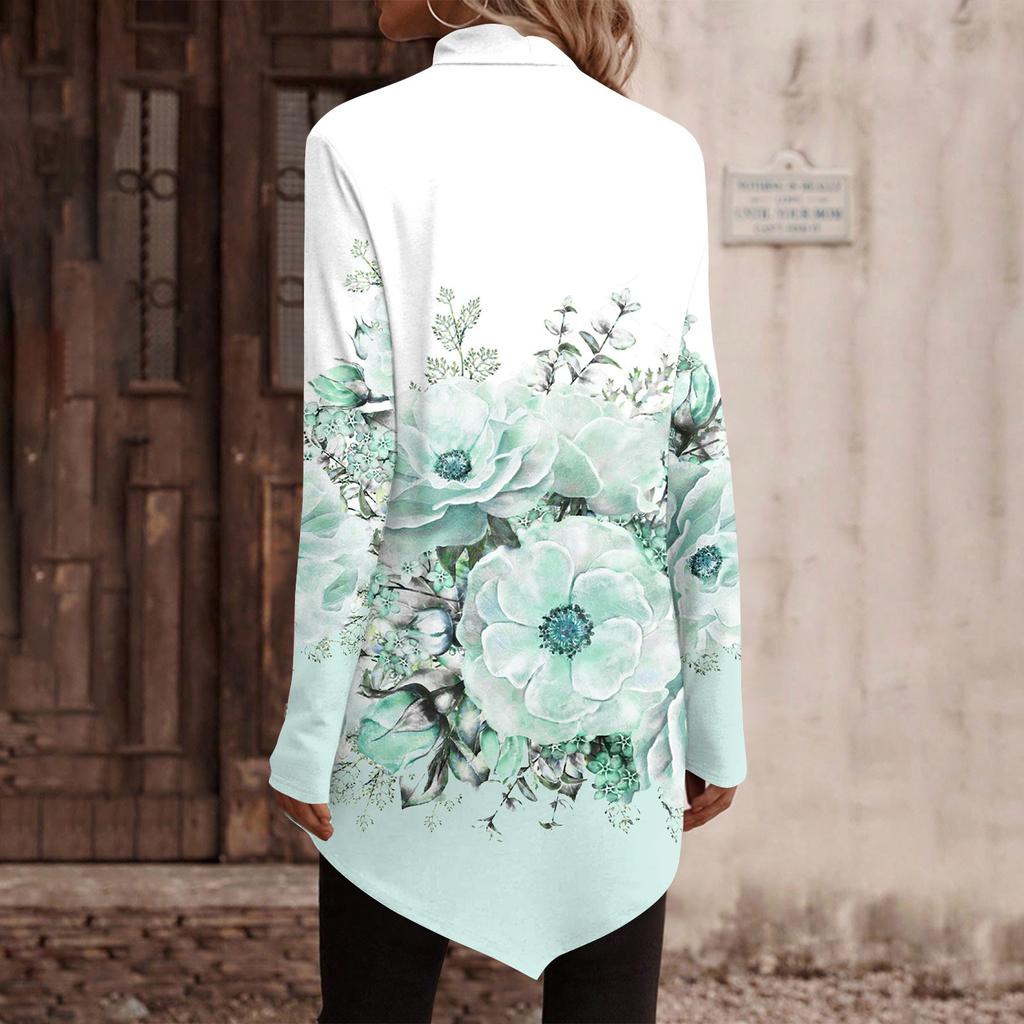 Casual Fashion Floral Print Shirt Tops High Neck Irregular Hem Long Sleeve Pullover Tops