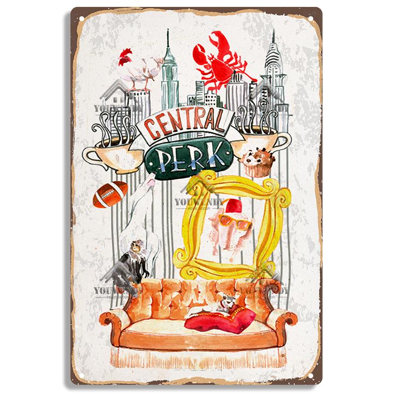 Кофе из Центральной кофейни «Друзья», Винтажная металлическая жестяная вывеска, Декоративная табличка, Ретро тарелка Кафе Кухня Гостиная Бар Постер, UW83