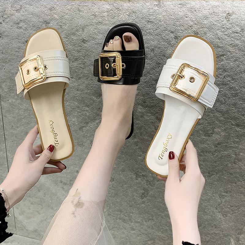 Slippers Women's Summer Is Good To Wear Square Buckles, One-word Drag Women's Flat-bottomed Sandals Are Fashionable and Casual