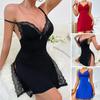 Women Sexy Nightdress Deep V Neck Backless Sleeveless Lace Patchwork Split Bow Decor Solid Color Soft Above