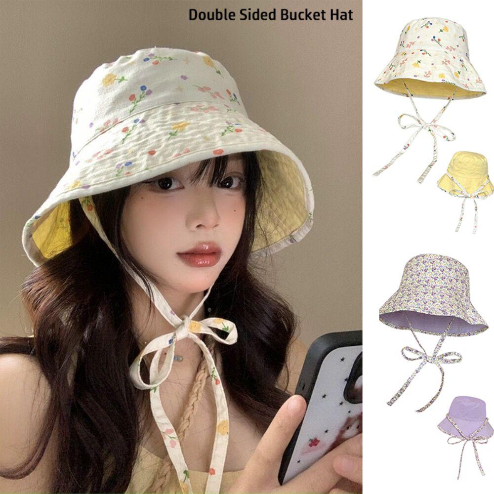 Double Sided Bucket Hat Floral Print Women's Caps INS Fisherman Hat Outdoor Travel