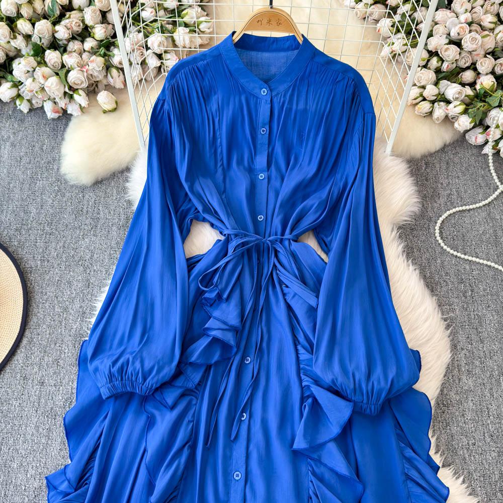 Нежный стиль, темперамент, рукава-фонарики, воротник-стойка, присборенная талия, А-силуэт, оборки по краю, шифоновое платье, элегантные большие свободные длинные платья