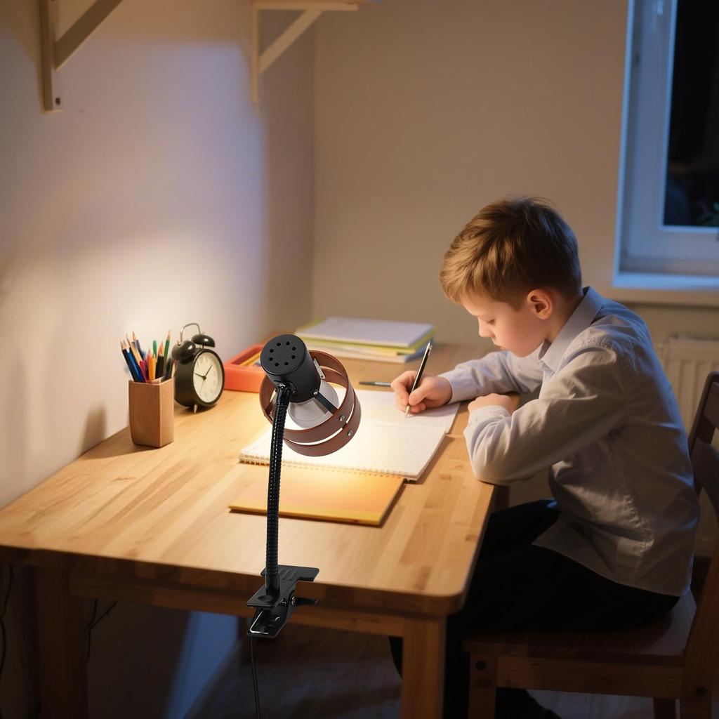 Aiwode Clip-on Light, Brown Wooden Circle, E26 Compatible, 360-Degree Rotation, with Switch, Luxury, Eye-Friendly, Energy-Saving, Space-Saving